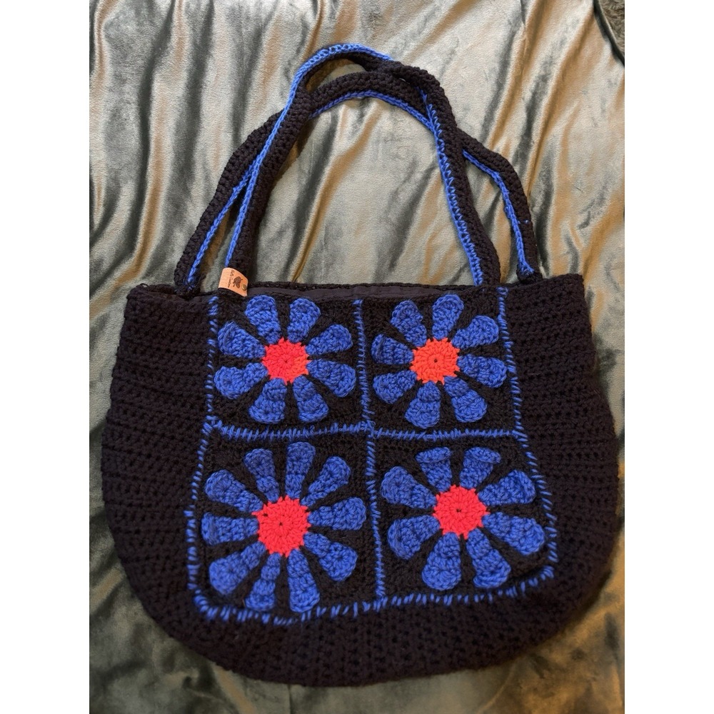 Handmade Crochet Tote Bag Colorful Granny Square Knit Black/Blue Trending